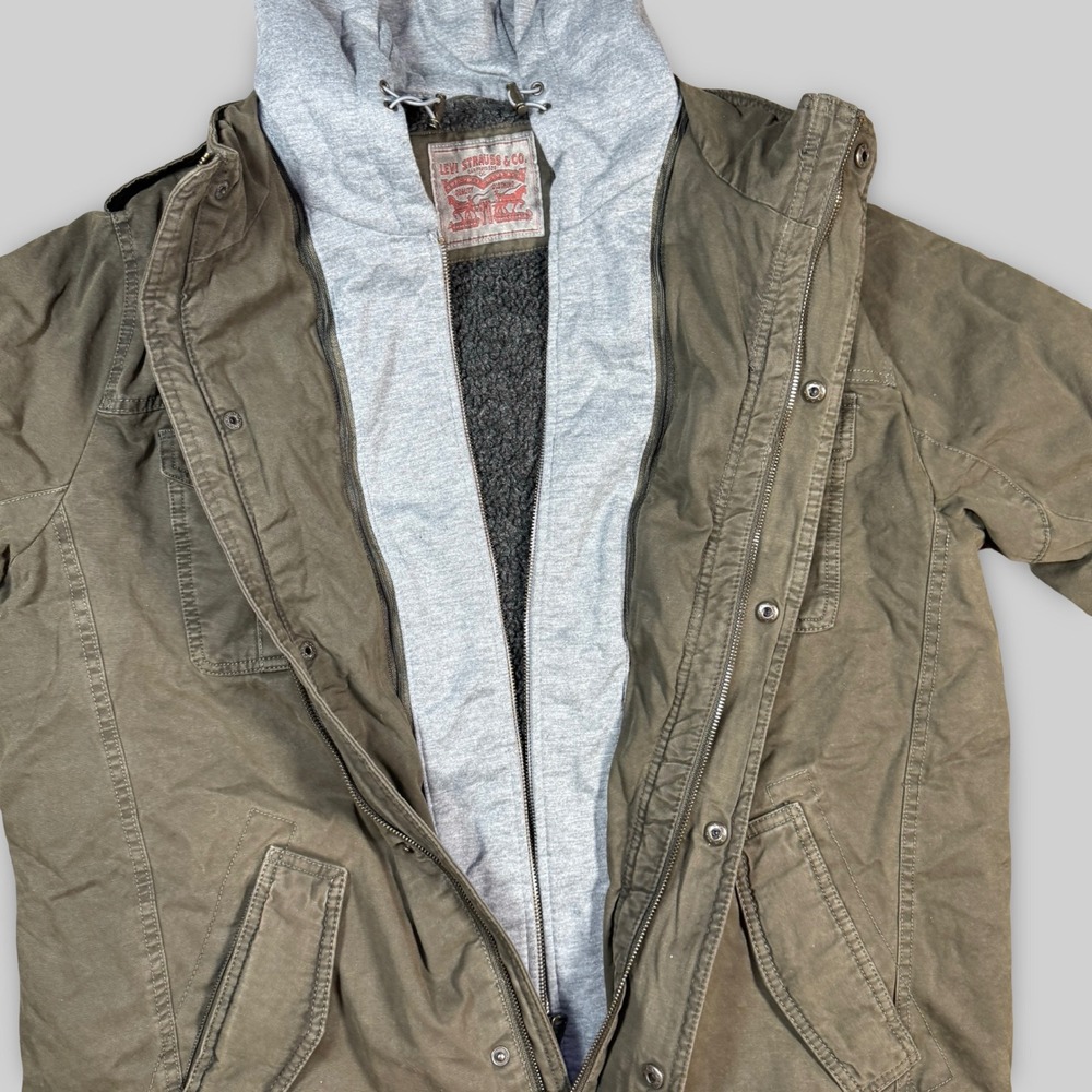 Levi's Mens Hooded Utility Jacket Olive Green Durable Cotton Sherpa Lined LT